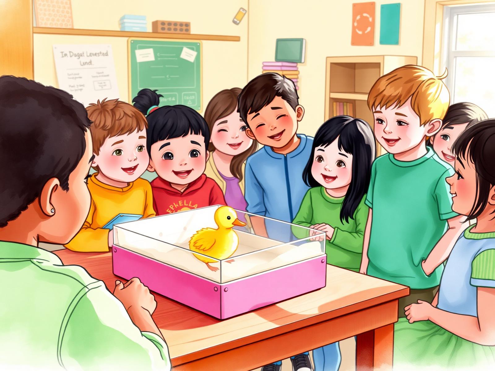 Children observing a duckling in a safe classroom enclosure
